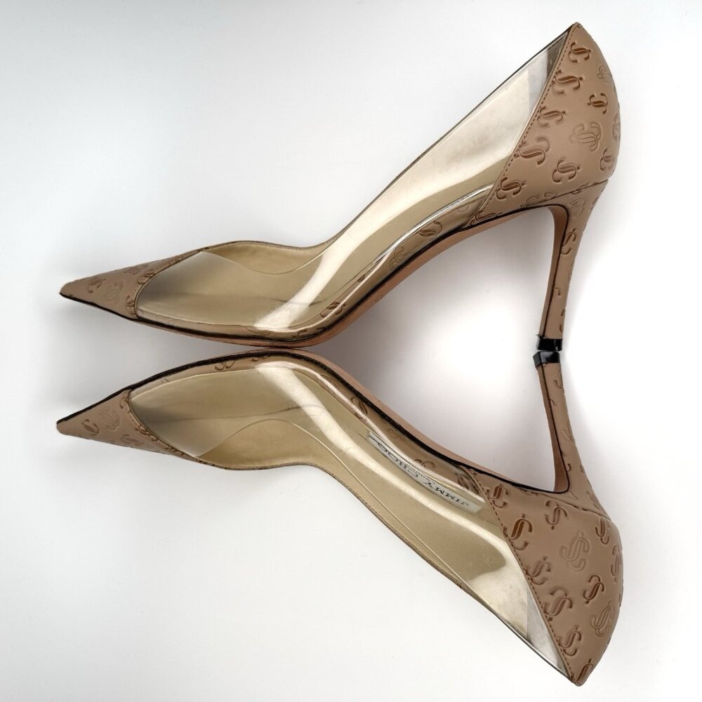 Jimmy Choo Cass 95 Leather & Vinyl Size Eu 37 US 7 Pump Beige Brown - Picture 4 of 13